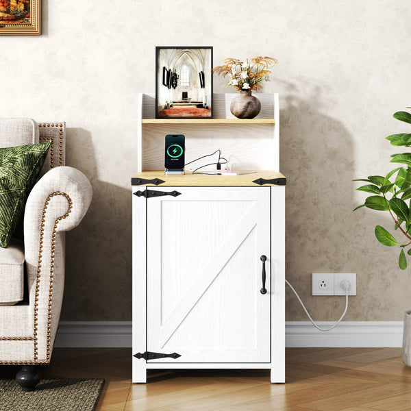 English Elm OKD Farmhouse Nightstand with Built-In Charging Station, Barn Door Accent, Adjustable Storage Shelf and Sturdy Frame White W1550P311284