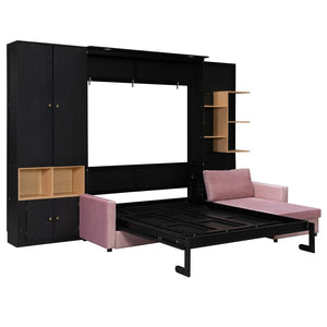 English Elm Queen Murphy Wall Bed with Velvet Sofa Built in Shelves Cabinets and Reading Lights Black LP000393AAB