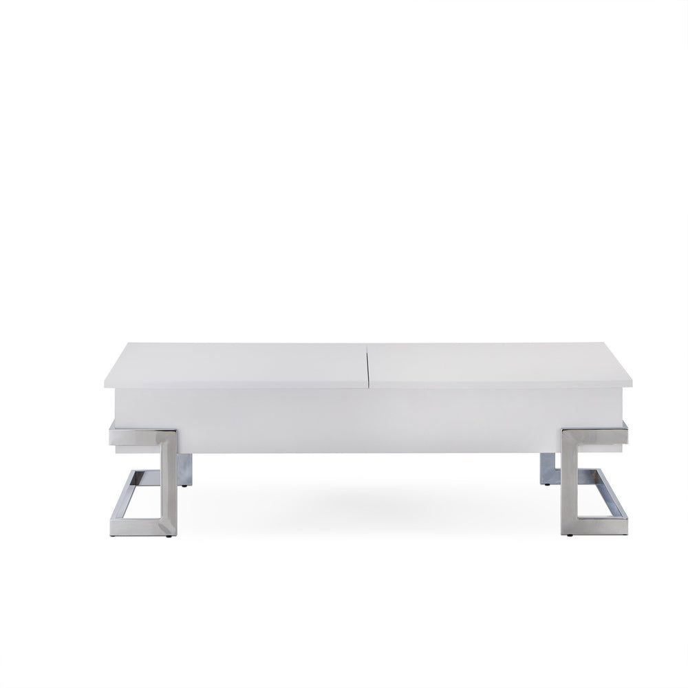 English Elm Calmam White High Gloss Coffee Table with Chrome Geometric Base, Lift-Top Storage & Floor Protectors B2726P251276