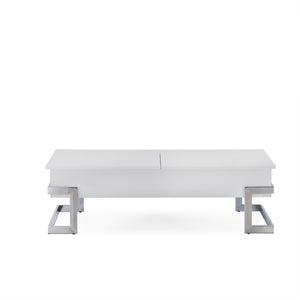 English Elm Calmam White High Gloss Coffee Table with Chrome Geometric Base, Lift-Top Storage & Floor Protectors B2726P251276