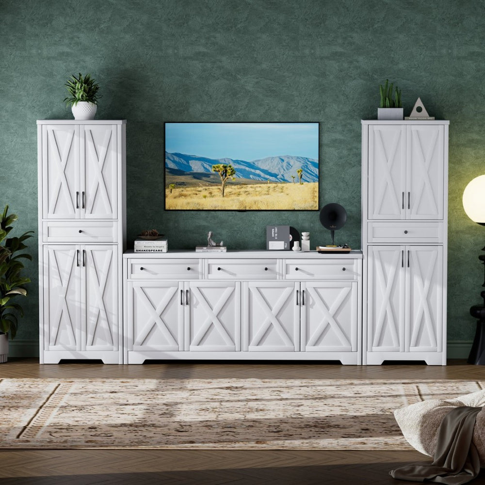 English Elm Tv Cabinet Set - Modern White Multifunctional Media Wall With Two Sideboards For Stylish Storage W1162S00017-GIGA