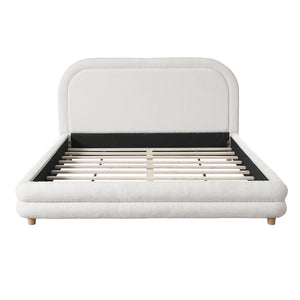 English Elm Queen Boucle Upholstered Bed Sculpted Arch Headboard Solid Wood Legs Boutique Style N757Q380929W
