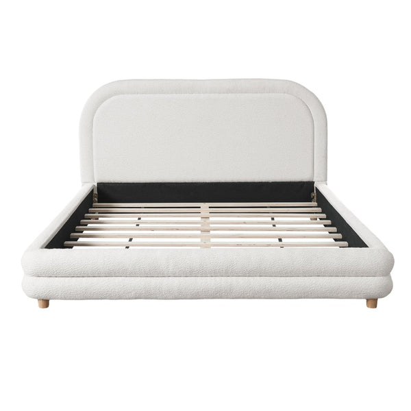 English Elm Queen Boucle Upholstered Bed Sculpted Arch Headboard Solid Wood Legs Boutique Style N757Q380929W