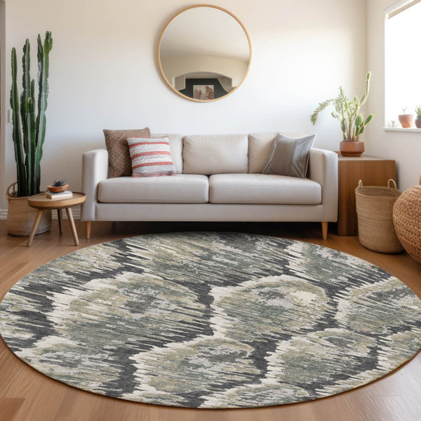 Homeroots 3' Black Charcoal And Silver Abstract Washable Area Rug For Indoor And Outdoor Spaces, Stylish Design 8' Round Polyester 586002