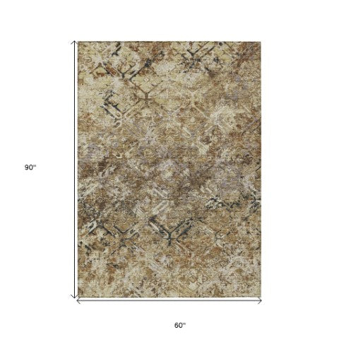 Homeroots 3' Beige Brown Copper Geometric Washable Indoor Outdoor Area Rug For Versatile Home Decor Solutions 5' X 8' Polyester 586055