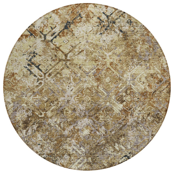 HomeRoots 5' Geometric Washable Area Rug - Stylish Beige, Brown & Copper Design for Indoor & Outdoor Use 8' Round 586056