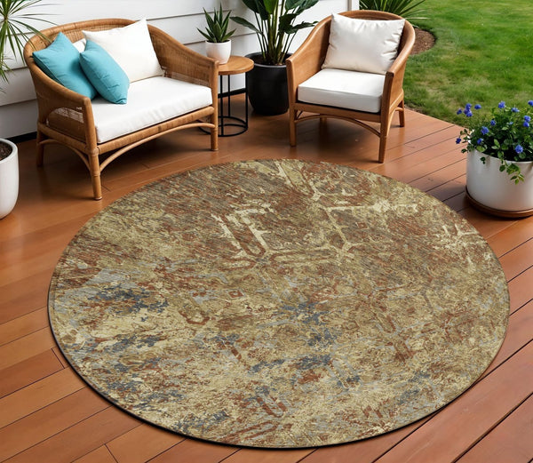Homeroots 3' Beige Brown Copper Geometric Washable Indoor Outdoor Area Rug For Versatile Home Decor Solutions 8' Round Polyester 586068