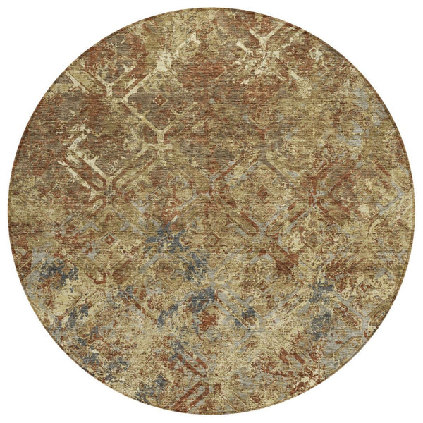 HomeRoots 5' Stylish Brown Copper Gold Geometric Area Rug - Durable, Washable, Perfect for Indoor & Outdoor Use 8' Round 586068