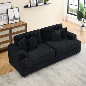 English Elm 88.58" corduroy 3-seater sofa with 4 matching throw pillows, sturdy wood frame, modern luxe comfort Black W3356S00005