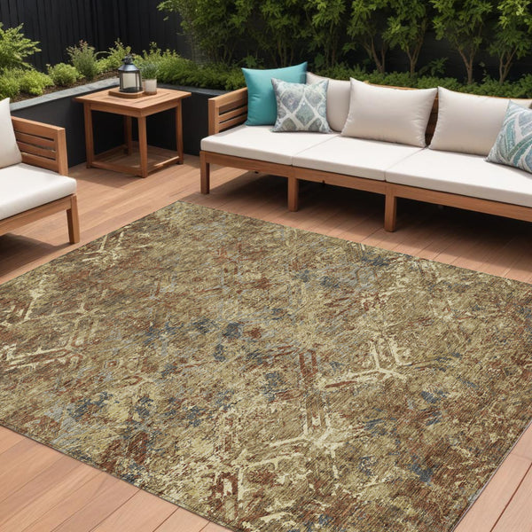 Homeroots 3' Beige Brown Copper Geometric Washable Indoor Outdoor Area Rug For Versatile Home Decor Solutions 10' X 14' Polyester 586071