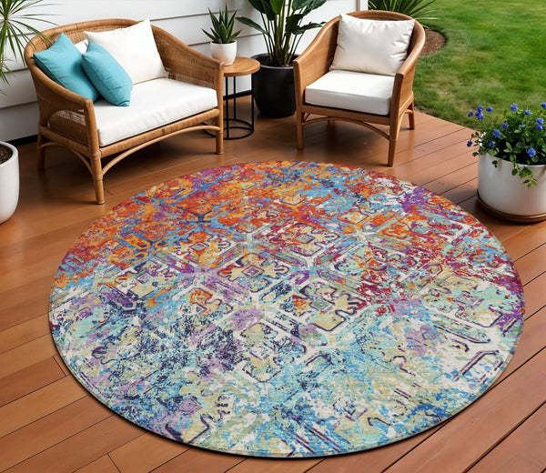 Homeroots 3' Beige Brown Copper Geometric Washable Indoor Outdoor Area Rug For Versatile Home Decor Solutions 8' Round Polyester 586074