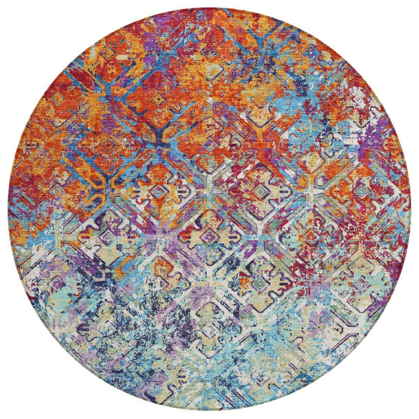 HomeRoots 5' Copper Blue and Red Geometric Area Rug - Durable, Washable Indoor/Outdoor Accent for Any Space 8' Round 586074