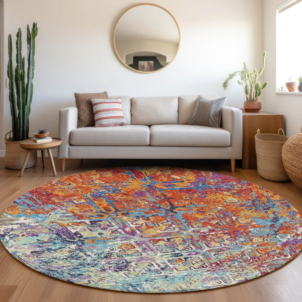 Homeroots 3' Beige Brown Copper Geometric Washable Indoor Outdoor Area Rug For Versatile Home Decor Solutions 8' Round Polyester 586074