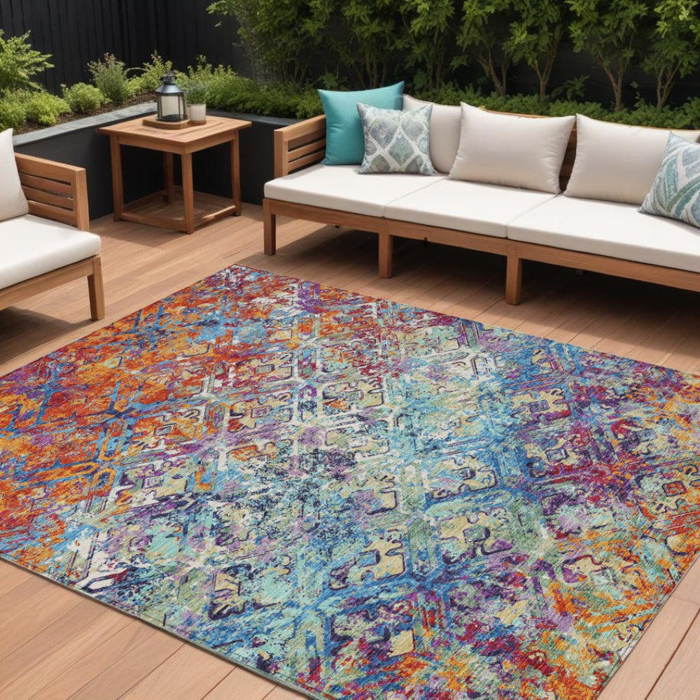 HomeRoots 9' Copper Blue and Red Geometric Indoor Outdoor Area Rug - Washable, Durable, and Stylish Décor 9' X 12' 586076