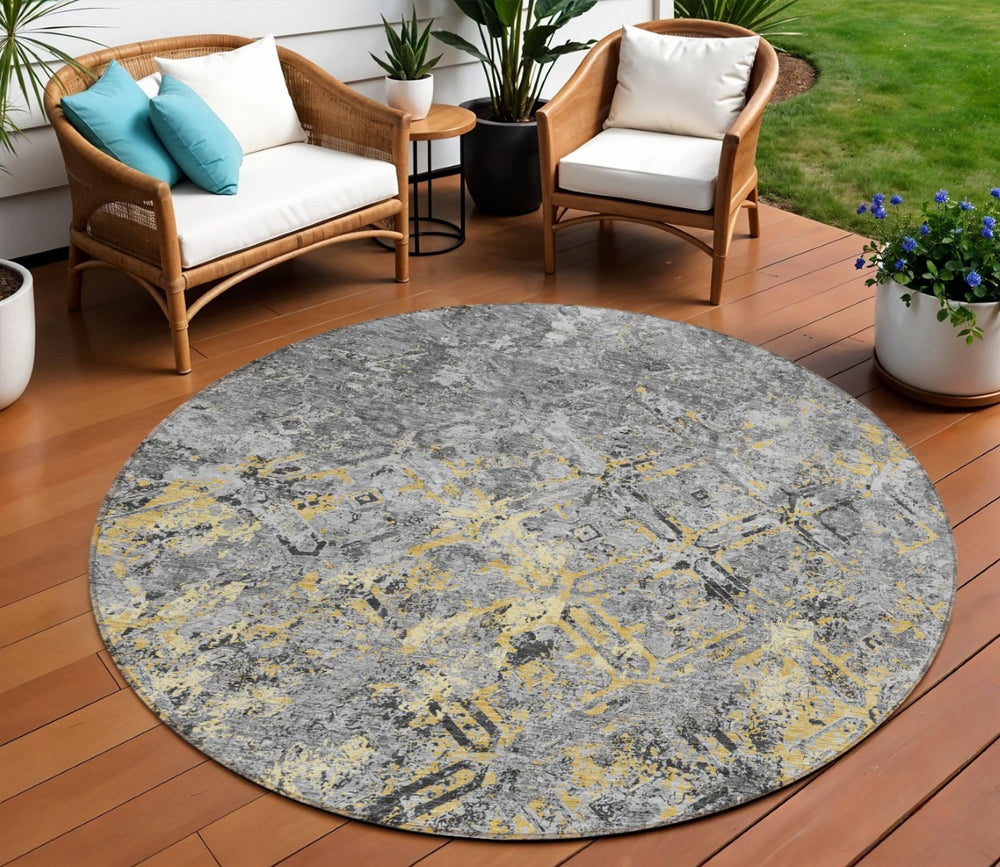 HomeRoots 5' Modern Geometric Gray Silver Charcoal Area Rug - Durable, Washable Design for Indoor & Outdoor Use 8' Round 586086