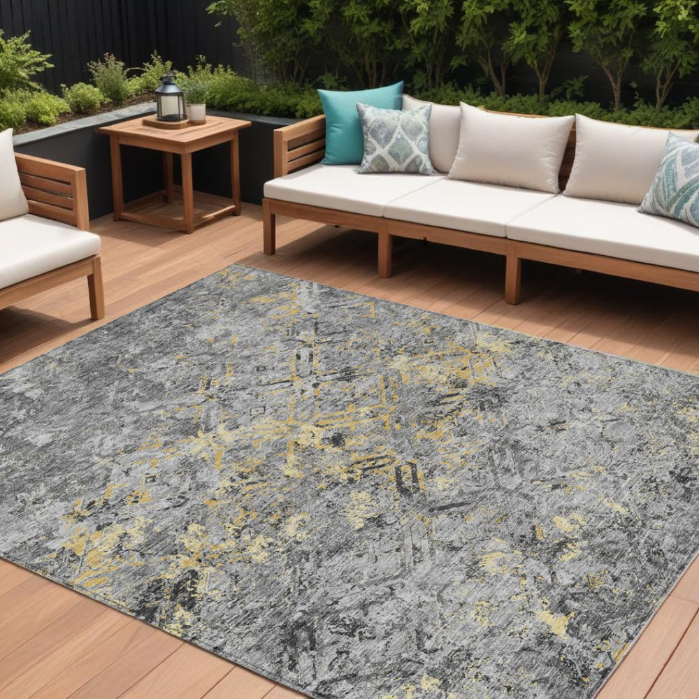 HomeRoots 9' Gray Silver Charcoal Geometric Washable Area Rug – Durable, Stylish Solution for Indoor/Outdoor Spaces 9' X 12' 586088