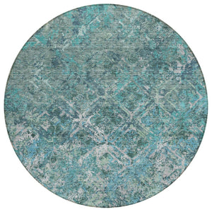 HomeRoots 5' Modern Sage Teal Blue & Gray Geometric Area Rug - Durable, Washable, Indoor/Outdoor Versatility 8' Round 586098