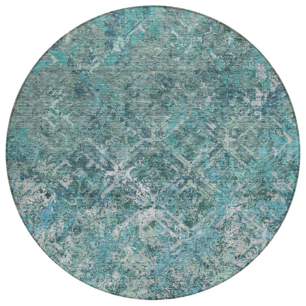 HomeRoots 5' Modern Sage Teal Blue & Gray Geometric Area Rug - Durable, Washable, Indoor/Outdoor Versatility 8' Round 586098