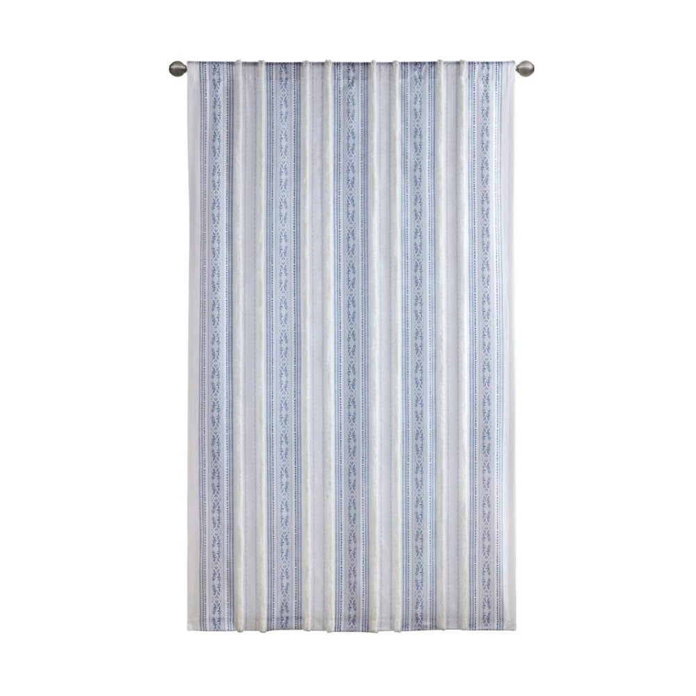 English Elm Poly Printed Curtain Panel With Tufted Stripe & Lining, White/Navy 50X95" For Boho Style Decor B035P268158-GIGA