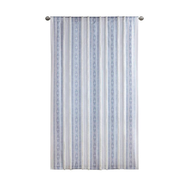 English Elm Poly Printed Curtain Panel With Tufted Stripe & Lining, White/Navy 50X95" For Boho Style Decor B035P268158-GIGA