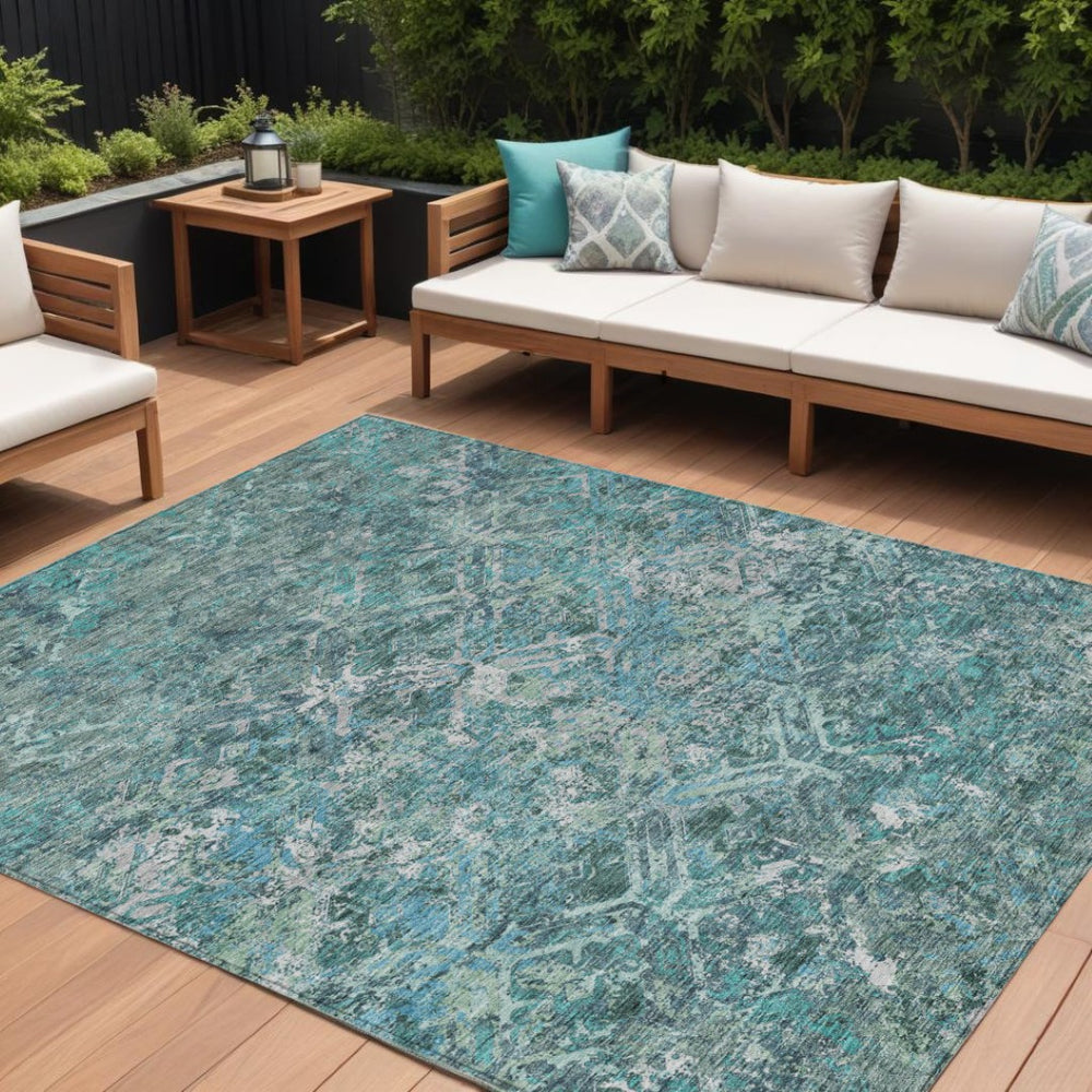 HomeRoots 5' Modern Sage Teal Blue & Gray Geometric Area Rug - Durable, Washable, Indoor/Outdoor Versatility 10' X 14' 586101