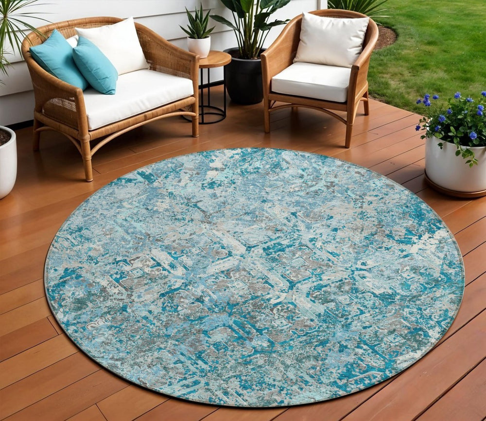 HomeRoots 5' Geometric Washable Area Rug in Teal Blue, Gray & Charcoal - Durable for Indoor & Outdoor Use 8' Round 586116