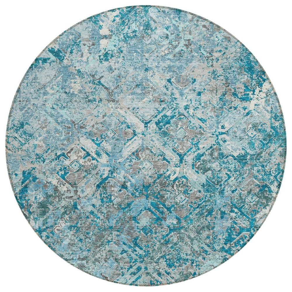 HomeRoots 5' Geometric Washable Area Rug in Teal Blue, Gray & Charcoal - Durable for Indoor & Outdoor Use 8' Round 586116