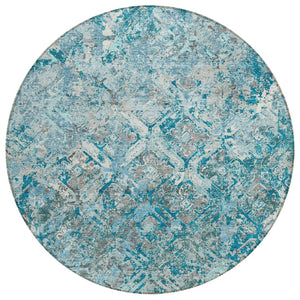 HomeRoots 5' Geometric Washable Area Rug in Teal Blue, Gray & Charcoal - Durable for Indoor & Outdoor Use 8' Round 586116
