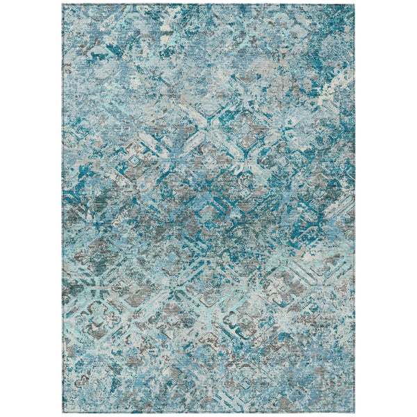 HomeRoots 5' Geometric Washable Area Rug in Teal Blue, Gray & Charcoal - Durable for Indoor & Outdoor Use 8' X 10' 586117