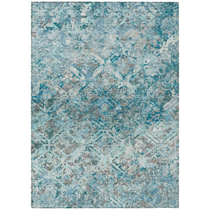 HomeRoots 5' Geometric Washable Area Rug in Teal Blue, Gray & Charcoal - Durable for Indoor & Outdoor Use 10' X 14' 586119