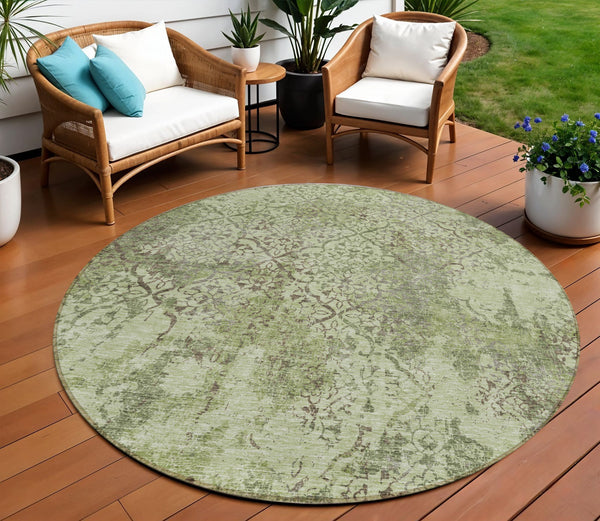 Homeroots 3' Floral Washable Area Rug In Artichoke & Fern Green - Perfect For Indoor & Outdoor Spaces! 8' Round Polyester 586128