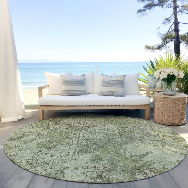 Homeroots 3' Floral Washable Area Rug In Artichoke & Fern Green - Perfect For Indoor & Outdoor Spaces! 8' Round Polyester 586128