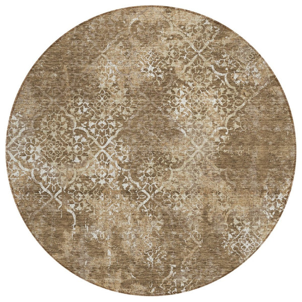 HomeRoots 5' Durable Floral Indoor Outdoor Area Rug in Brown, Taupe, and Ivory - Washable & Stylish Decor 8' Round 586134