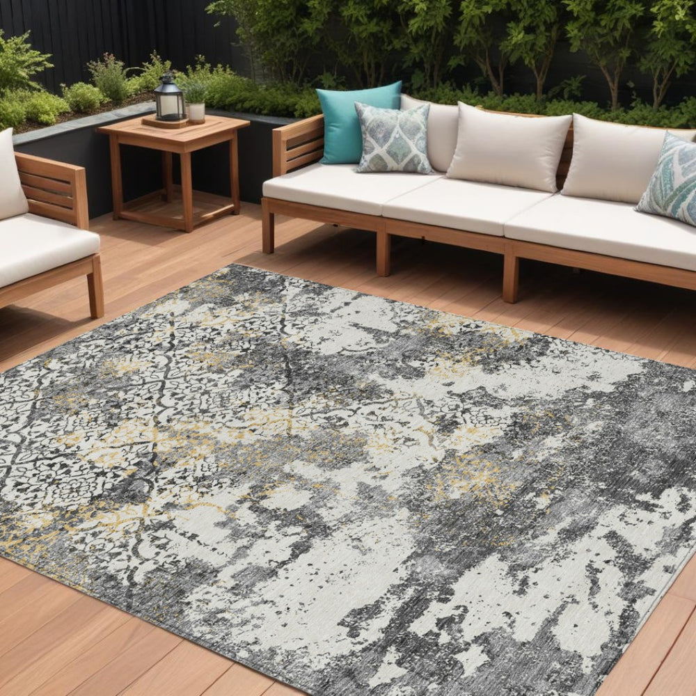 HomeRoots 9' Charcoal Gray and Silver Floral Indoor Outdoor Area Rug – Durable, Easy-Care Elegance for All Spaces 9' X 12' 586148