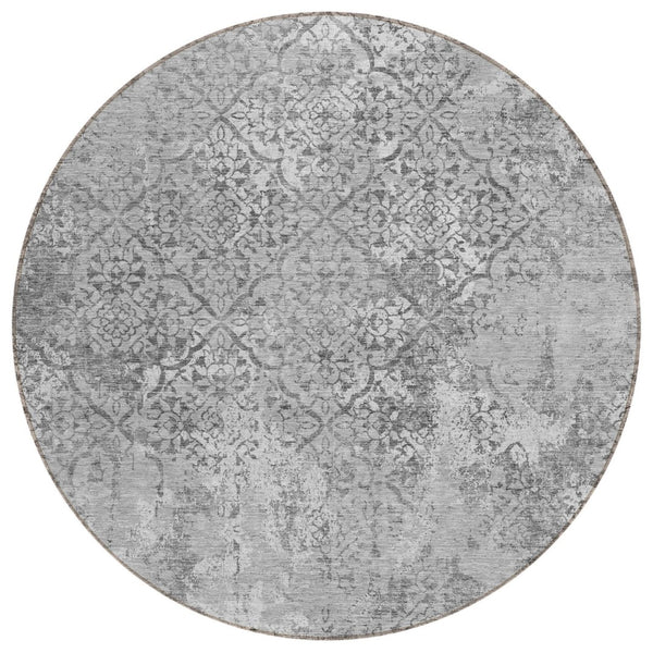 HomeRoots 5' Stylish Gray Charcoal Silver Floral Washable Area Rug for Indoor and Outdoor Versatile Appeal 8' Round 586164