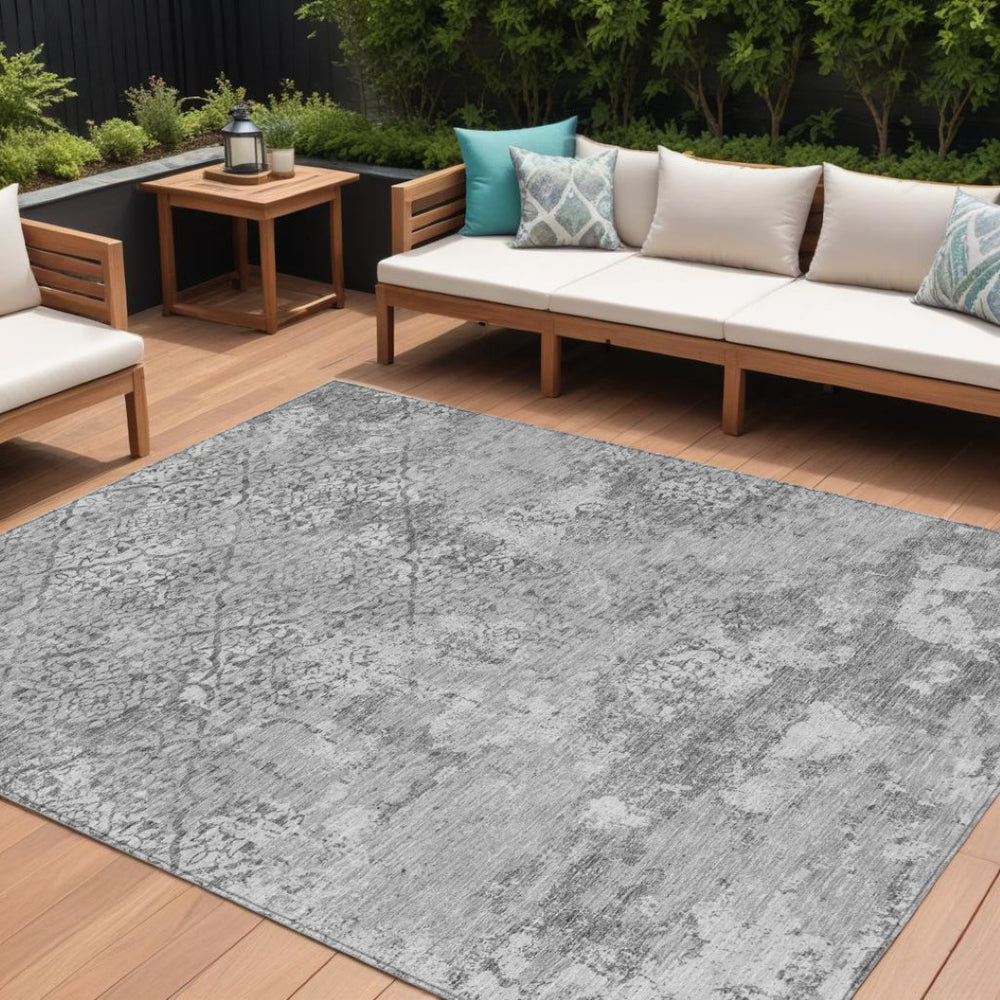 HomeRoots 9' Gray Charcoal and Silver Floral Area Rug - Durable, Washable Design for Indoor and Outdoor Spaces 9' X 12' 586166