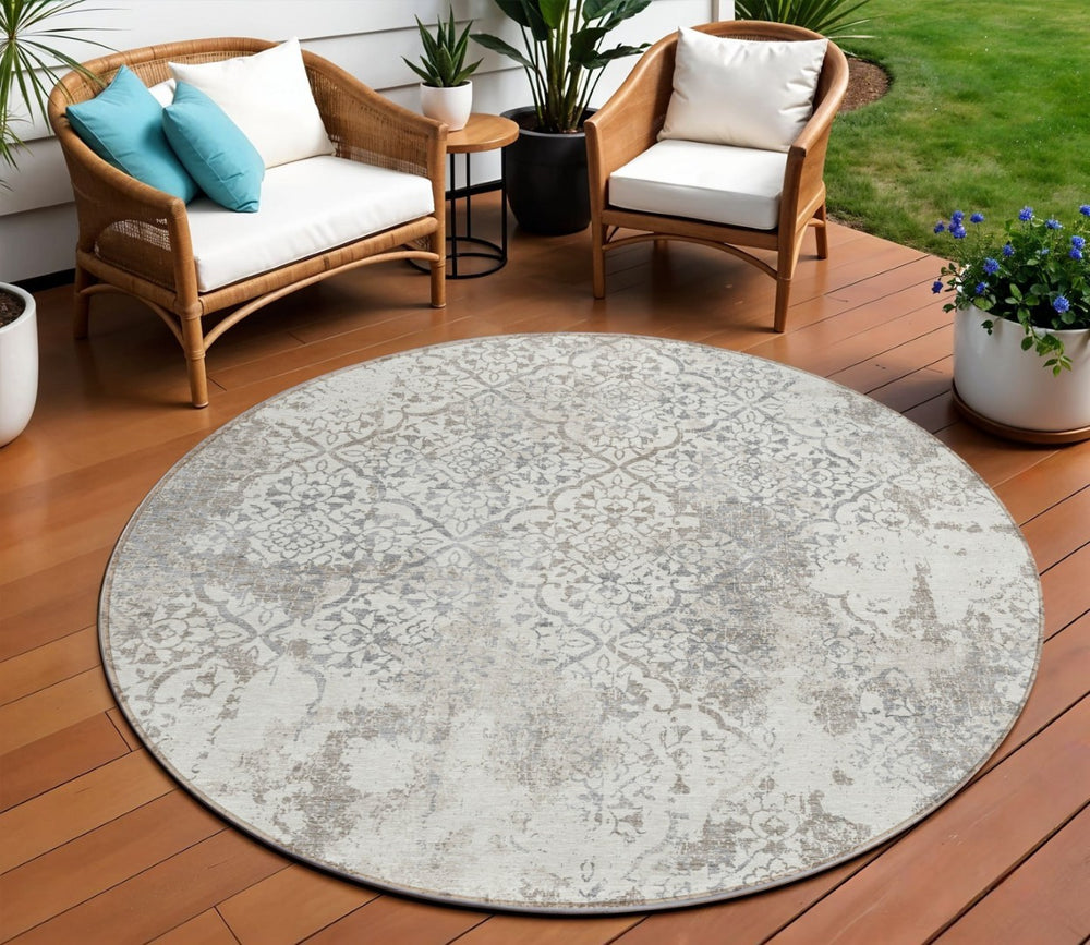 HomeRoots 5' Elegant Ivory Beige Taupe Floral Area Rug for Indoor and Outdoor Use – Easy Care, Durable Design 8' Round 586170