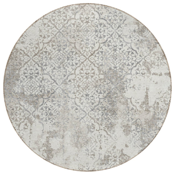 HomeRoots 5' Elegant Ivory Beige Taupe Floral Area Rug for Indoor and Outdoor Use – Easy Care, Durable Design 8' Round 586170