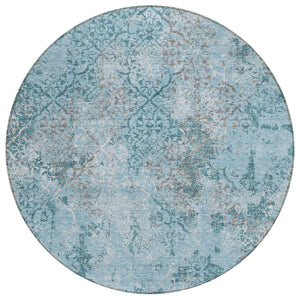 HomeRoots 5' Durable Floral Washable Area Rug in Teal Blue, Aqua & Gray for Indoor-Outdoor Spaces 8' Round 586188