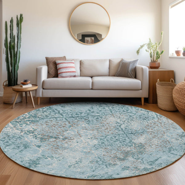 Homeroots 3' Floral Washable Area Rug In Artichoke & Fern Green - Perfect For Indoor & Outdoor Spaces! 8' Round Polyester 586188