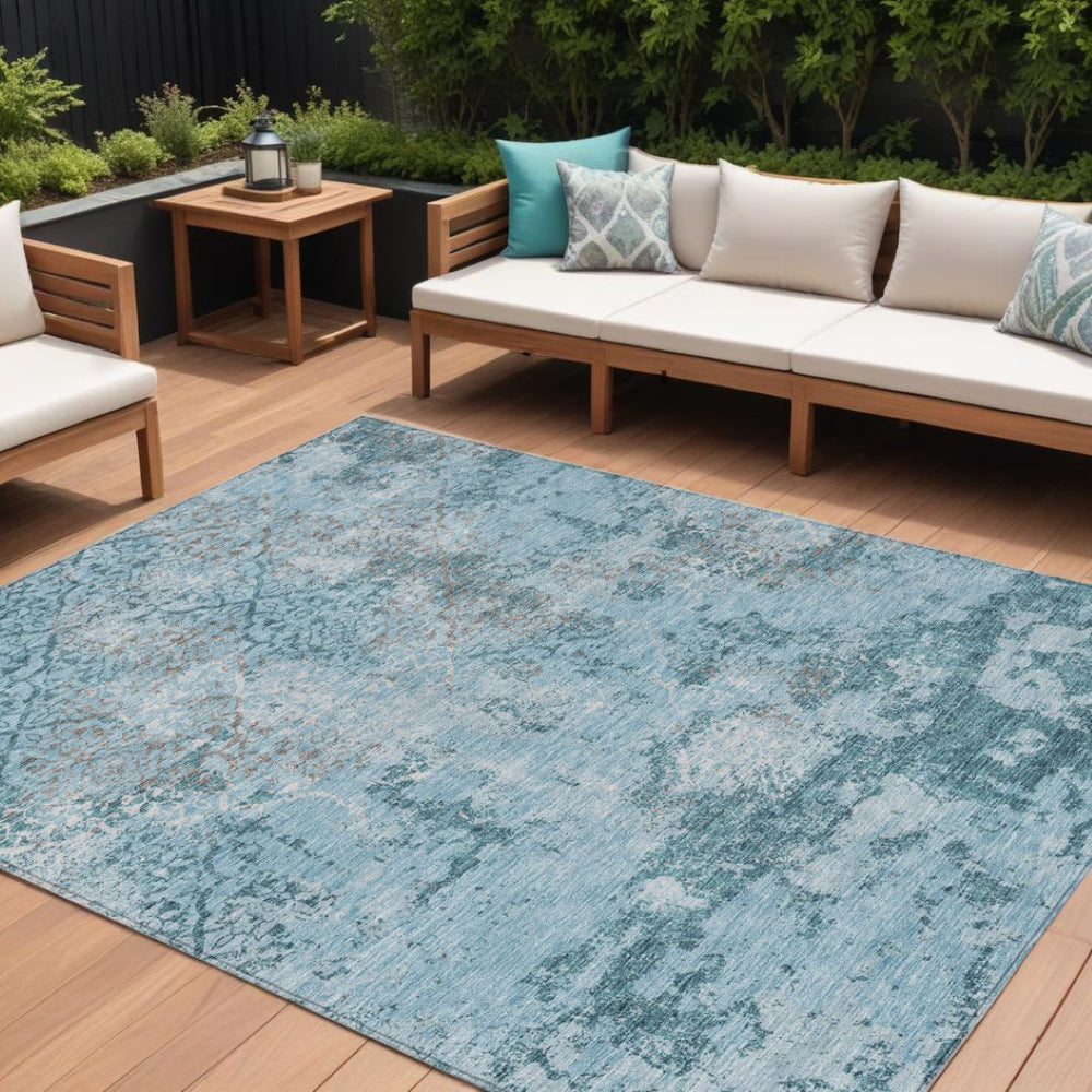 HomeRoots 9' Teal Blue Aqua Gray Floral Area Rug - Durable, Washable Design for Indoor & Outdoor Spaces 9' X 12' 586190