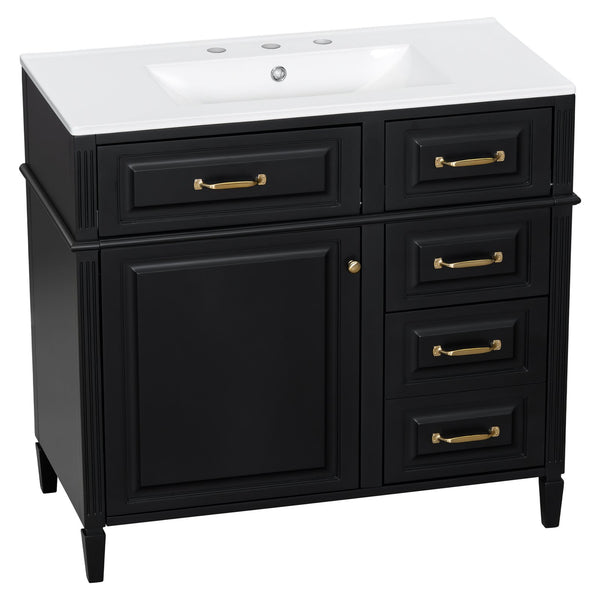 English Elm 36-Inch Bathroom Vanity With Ceramic Sink Top, Adjustable Shelf, And Modern Flip Drawer Design For Storage N725P350849B