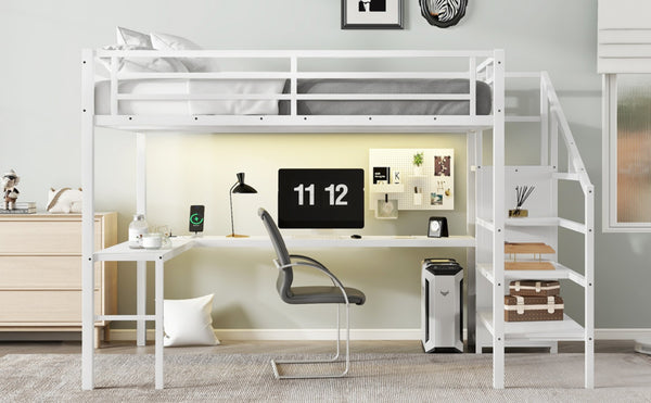 English Elm Queen Size Loft Bed With L-Shaped Desk, Usb Port & Led Lights - Stylish Space-Saving Solution For All W1580S00124-GIGA