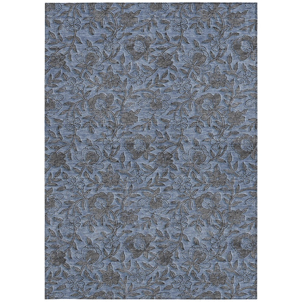 Homeroots 3' Elegant Blue Gray Charcoal Floral Washable Area Rug For Indoor Or Outdoor Spaces, Durable Design 3' X 5' Polyester 586252