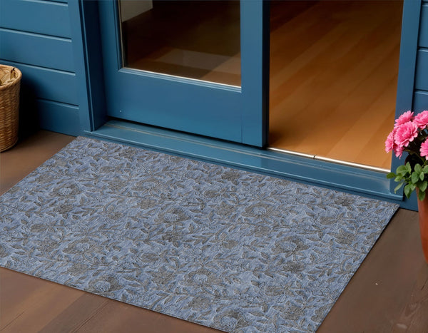 Homeroots 3' Elegant Blue Gray Charcoal Floral Washable Area Rug For Indoor Or Outdoor Spaces, Durable Design 3' X 5' Polyester 586252