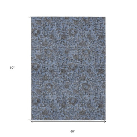 Homeroots 3' Elegant Blue Gray Charcoal Floral Washable Area Rug For Indoor Or Outdoor Spaces, Durable Design 5' X 8' Polyester 586253