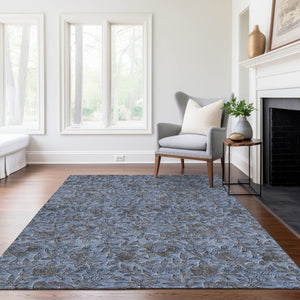 Homeroots 3' Elegant Blue Gray Charcoal Floral Washable Area Rug For Indoor Or Outdoor Spaces, Durable Design 5' X 8' Polyester 586253