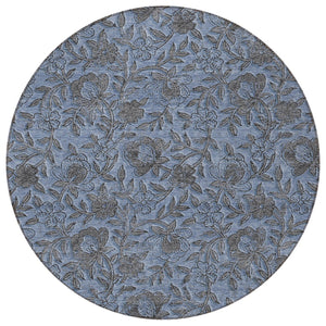 Homeroots 3' Elegant Blue Gray Charcoal Floral Washable Area Rug For Indoor Or Outdoor Spaces, Durable Design 8' Round Polyester 586254