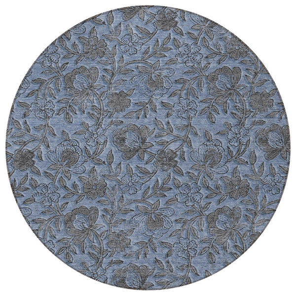 Homeroots 3' Elegant Blue Gray Charcoal Floral Washable Area Rug For Indoor Or Outdoor Spaces, Durable Design 8' Round Polyester 586254