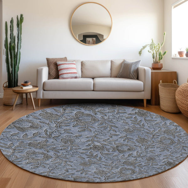 Homeroots 3' Elegant Blue Gray Charcoal Floral Washable Area Rug For Indoor Or Outdoor Spaces, Durable Design 8' Round Polyester 586254
